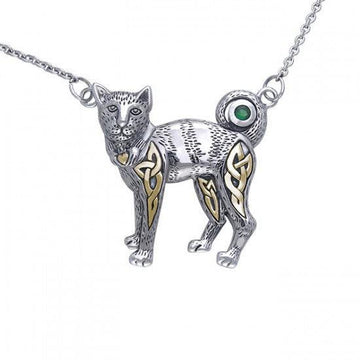 Celtic Cat Silver and Gold Accent Necklace MNC047 - Jewelry